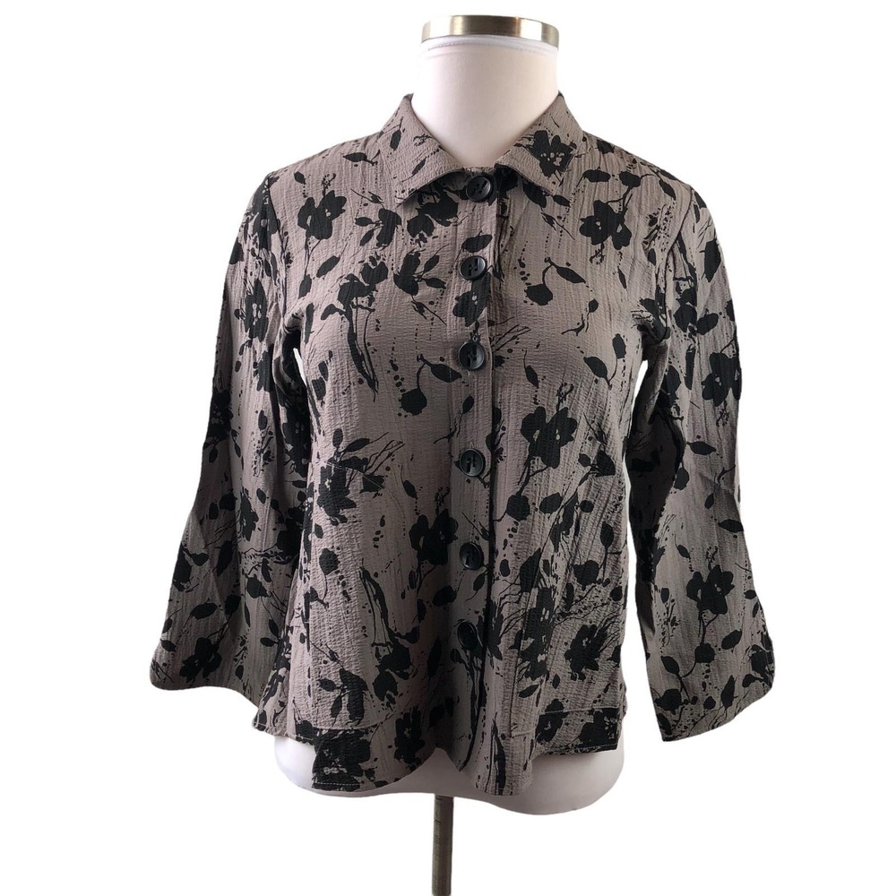 Habitat Floral Splatter Crinkle Textured Button Up Swing Top Taupe Black Small - Picture 11 of 12